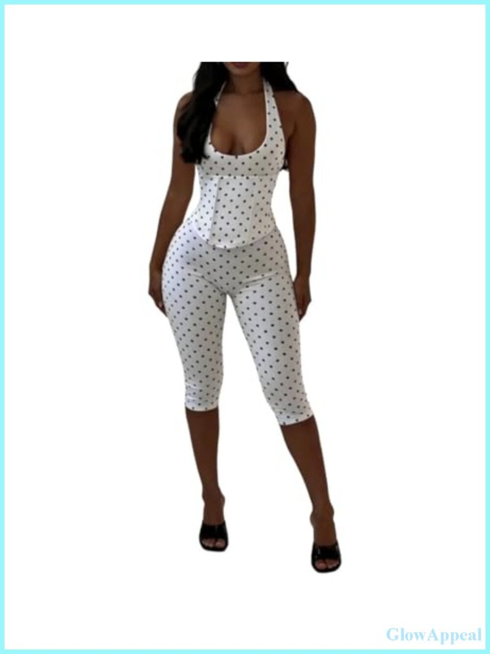 Women's Polka Dot Halter Jumpsuit Back Lace Up Capri Pants Summer Outfit